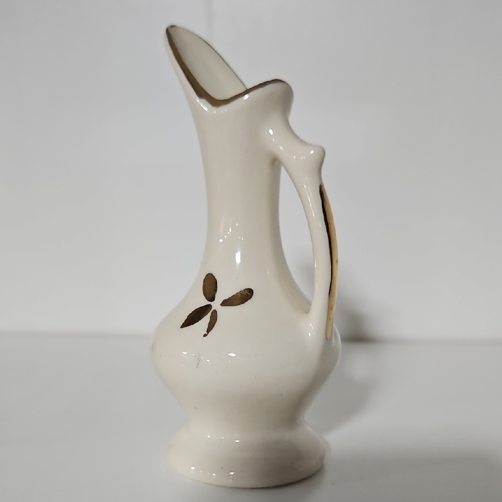 Vintage Mid Century Miniature Ceramic Ewer Bud Vase Cream Gold Trim